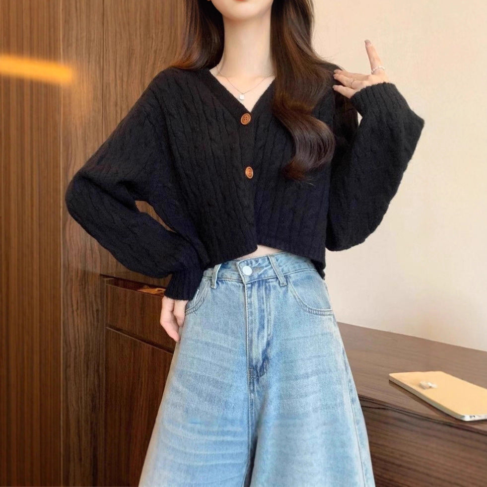 Damen kuscheliger Strickcardigan mit V-Ausschnitt und großen Knöpfen EB