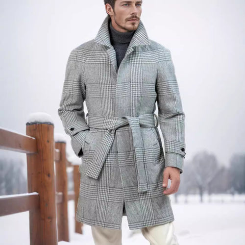 Herren eleganter Trenchcoat mit modernem Karomuster und Taillengürtel EB