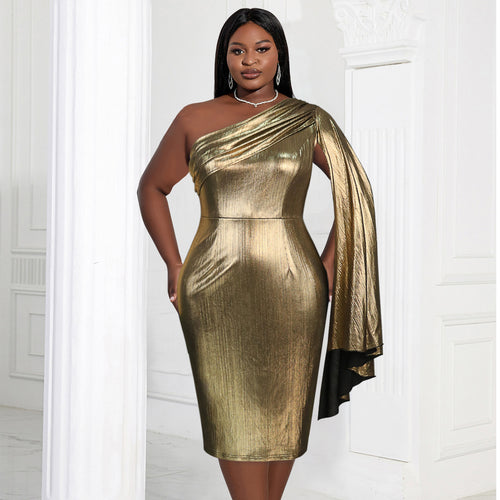 Damen Elegantes Ein-Schulter Kleid mit glänzender Stoffstruktur EB