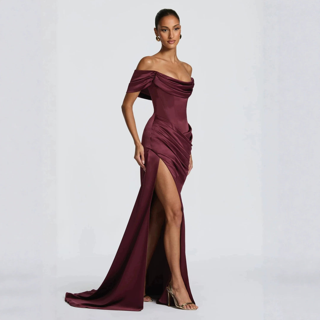 Damen Elegantes Off-Shoulder-Maxikleid mit seitlichem Schlitz EB