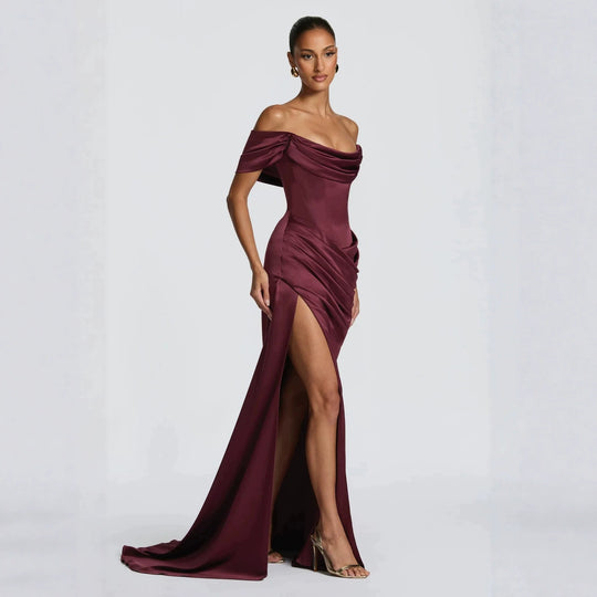 Damen Elegantes Off-Shoulder-Maxikleid mit seitlichem Schlitz EB