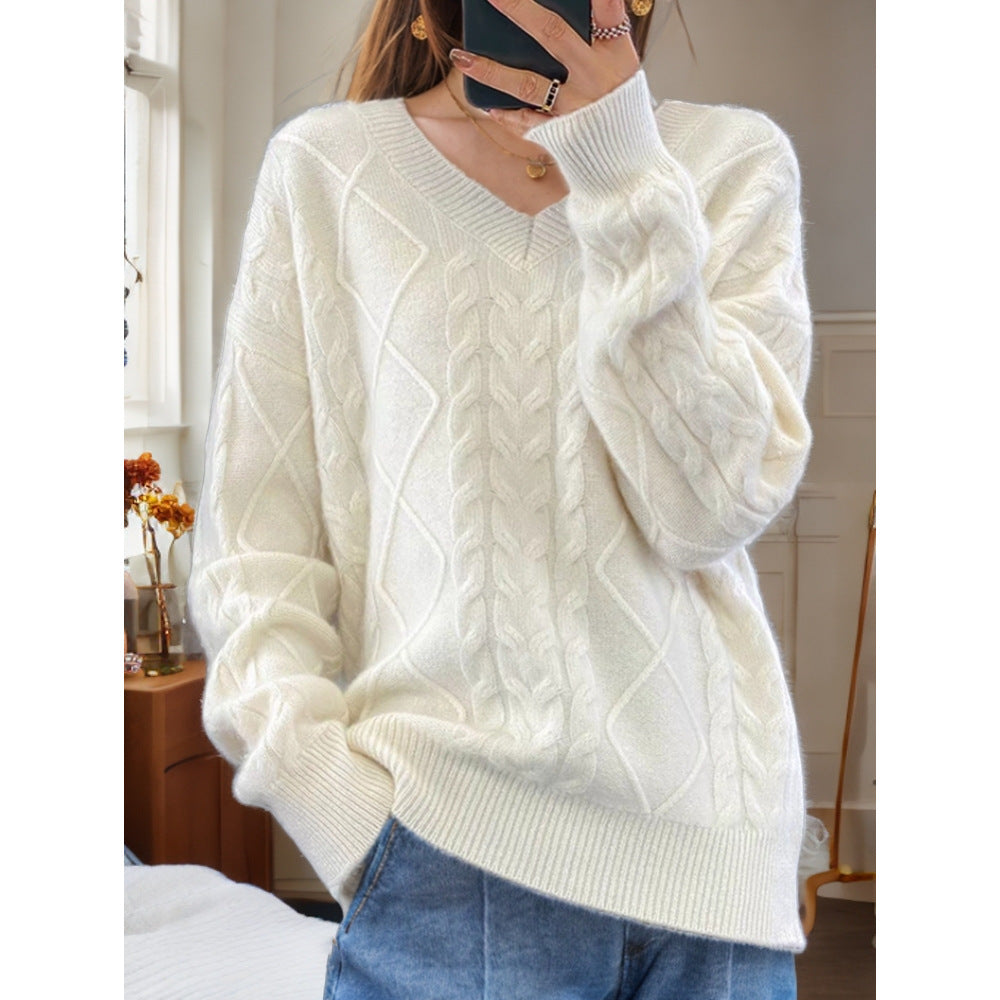 Damen nan kuscheliger V-Ausschnitt Zopfmuster-Pullover mit Oversize-Schnitt und Rippabschlüssen EB