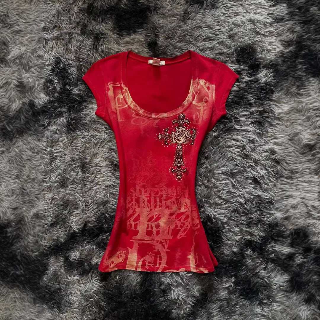 Damen modisches T-Shirt mit einzigartigem Cross-Design EB