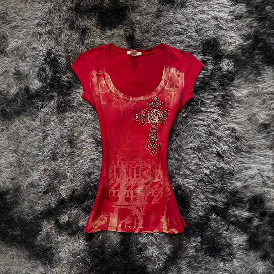 Damen modisches T-Shirt mit einzigartigem Cross-Design EB