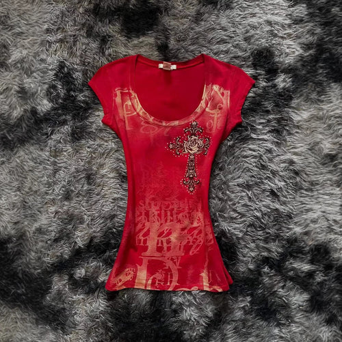 Damen modisches T-Shirt mit einzigartigem Cross-Design EB