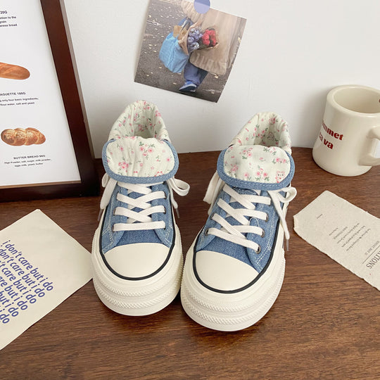 Damen Modische Plateau Sneakers mit floralem Innenfutter EB