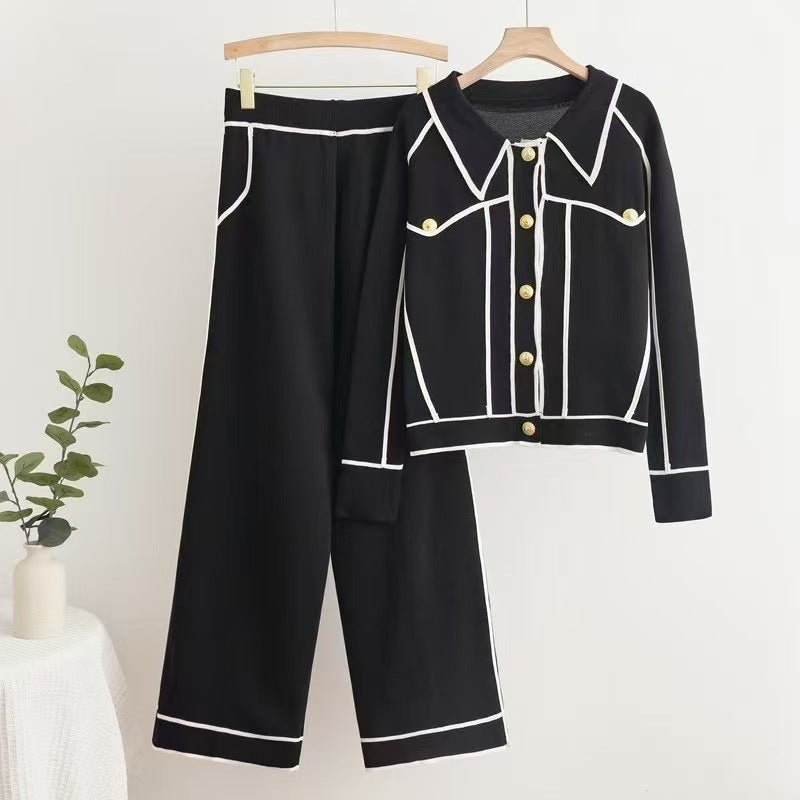 Damen stilvolles Freizeitanzug-Set mit kontrastierendem Knopfdesign EB