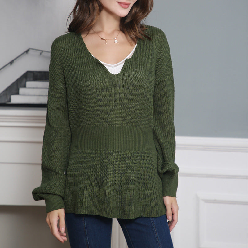 Damen Grobstrickpullover mit tiefem V-Ausschnitt und lässigem Schnitt EB