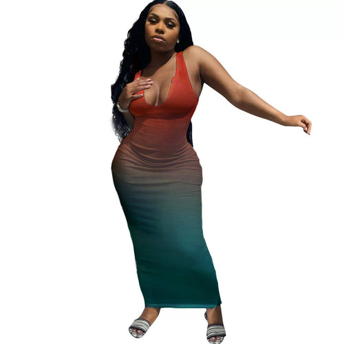 Damen Langes Bodycon Kleid mit tiefem Ausschnitt und Farbverlauf EB