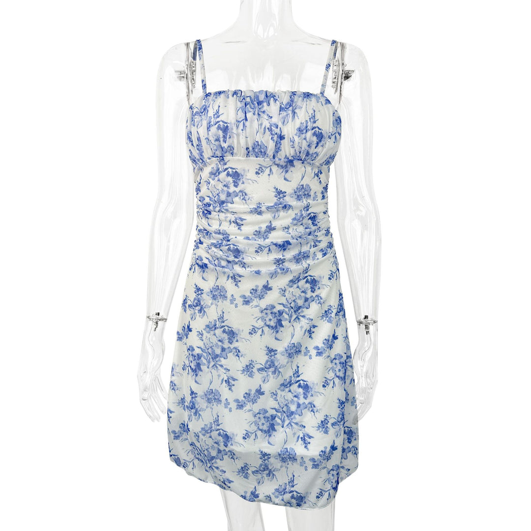 Damen Sommerliches Blumenkleid mit Spaghetti-Trägern und Raffungen EB