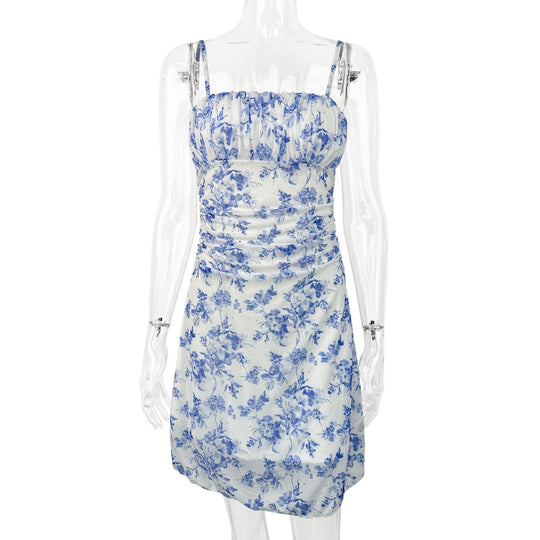 Damen Sommerliches Blumenkleid mit Spaghetti-Trägern und Raffungen EB