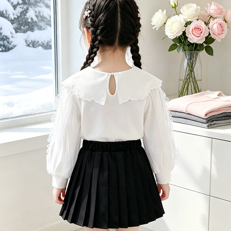 Mädchen elegante Bluse mit verzierter Rückenöffnung und Tüllärmeln EB