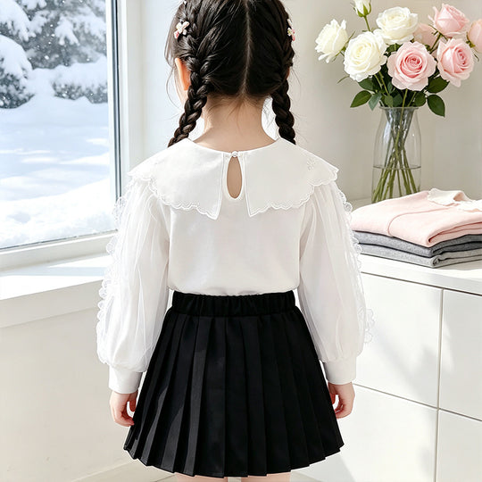 Mädchen elegante Bluse mit verzierter Rückenöffnung und Tüllärmeln EB