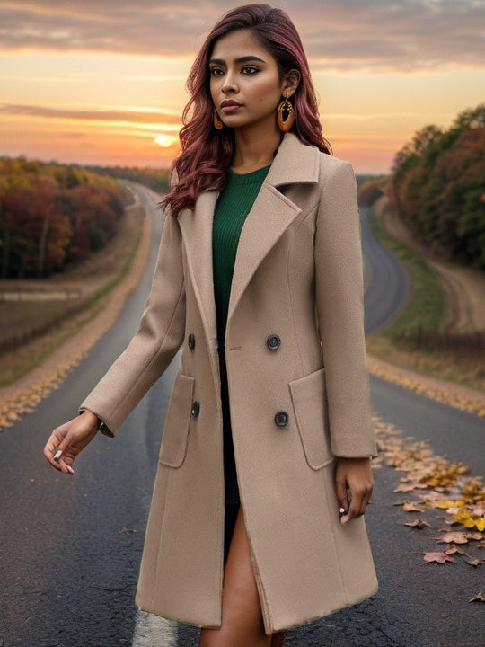 Damen eleganter Wollmantel mit doppelter Knopfreihe und praktischen Taschen EB