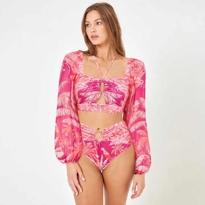 Damen Bikiniset mit transparentem Puffärmel und geflochtenem Detail EB
