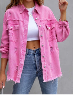 Damen Stylische Overshirt-Jacke mit fransigem Saum EB