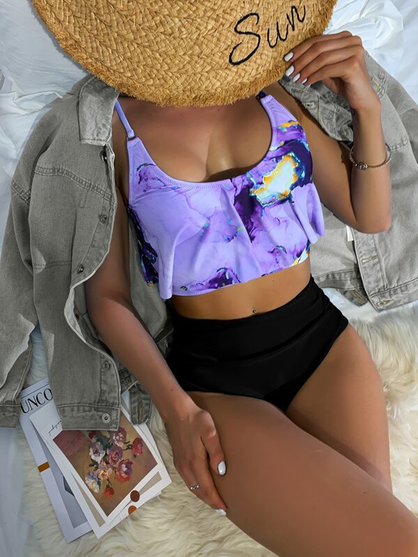 Damen Sportlicher Bikini mit floralen Rüschen EB