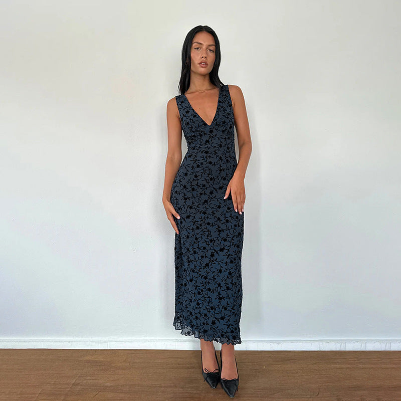 Damen Maxikleid mit tiefem V-Ausschnitt und floralem Spitzenmuster EB