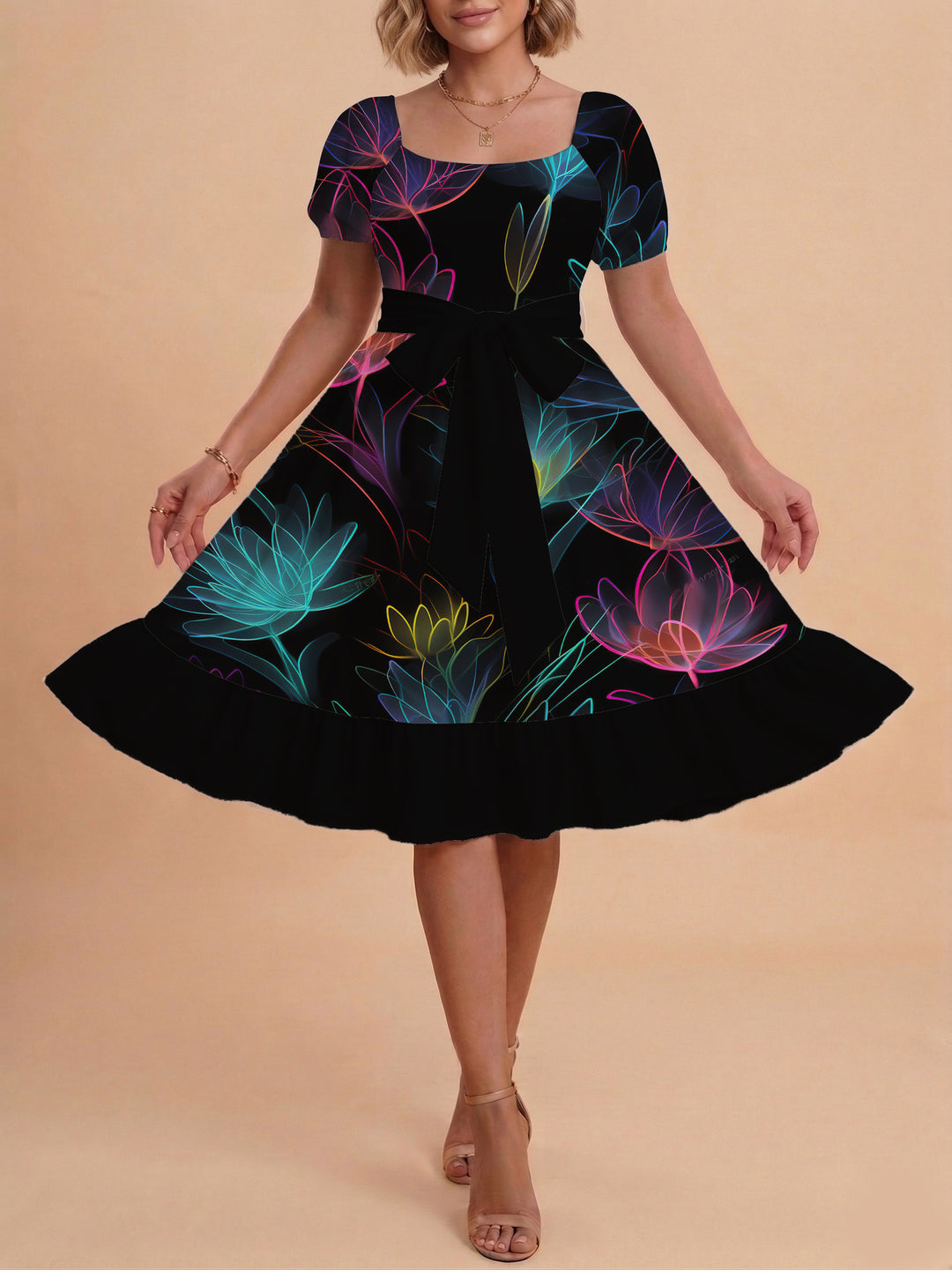 Damen Sommerkleid mit floralem Puffärmel und taillierbarem Gürtel EB