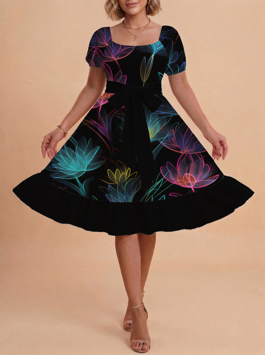 Damen Sommerkleid mit floralem Puffärmel und taillierbarem Gürtel EB
