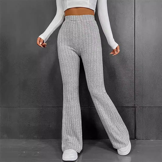 Damen Bequeme Flared-Strickhose mit hohem Bund und Rippstruktur EB