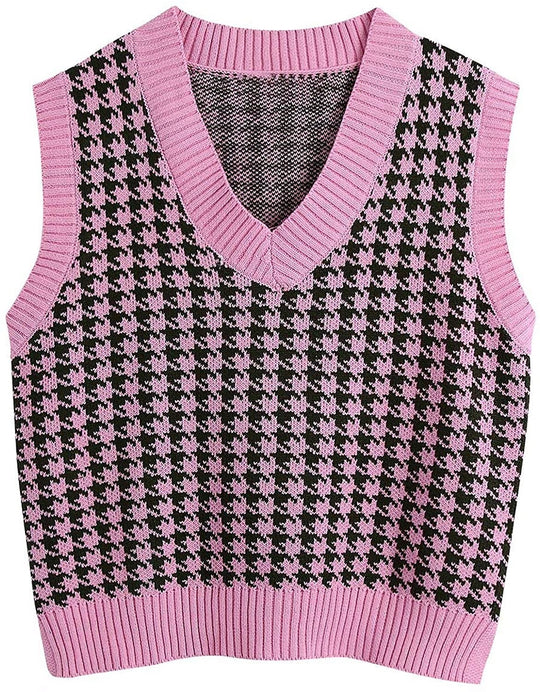 Damen ärmellose Strickweste mit modernem Hahnentrittmuster EB