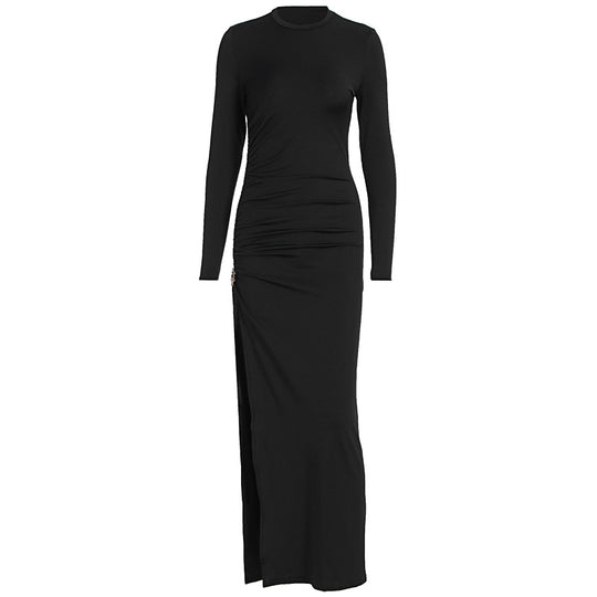 Damen elegantes, figurbetontes Kleid mit Raffungen und hohem Schlitz EB