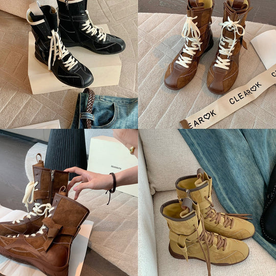 Damen modische High-Top Stiefel mit trendiger Schnürung und luxuriösem Innenfutter EB