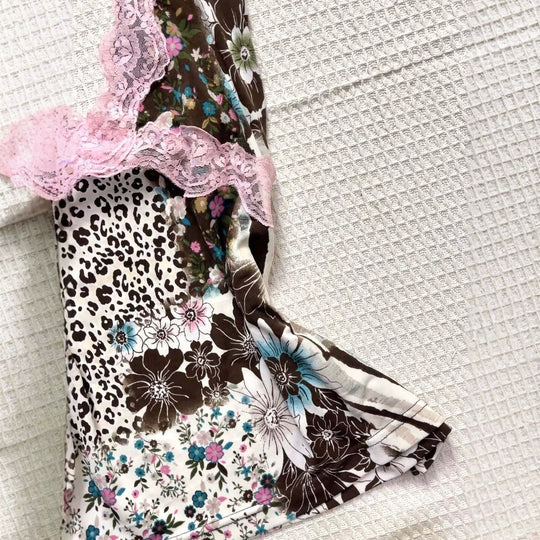 Damen Verspieltes Haltertop mit floralem und Leopardenmuster EB