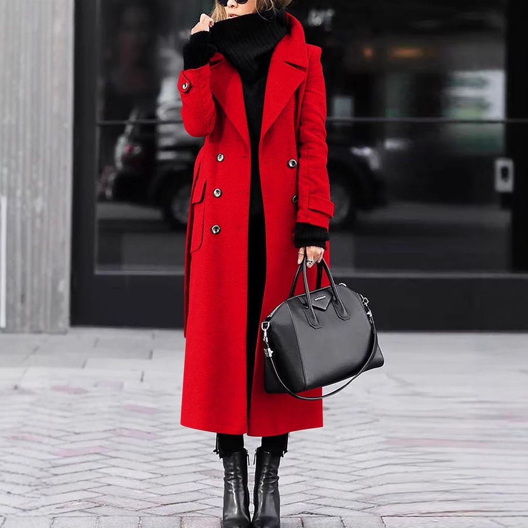 Damen nan eleganter Maxi-Wollmixmantel mit doppelreihiger Knopfleiste, weitem Reverskragen und aufgesetzten Taschenklappen EB