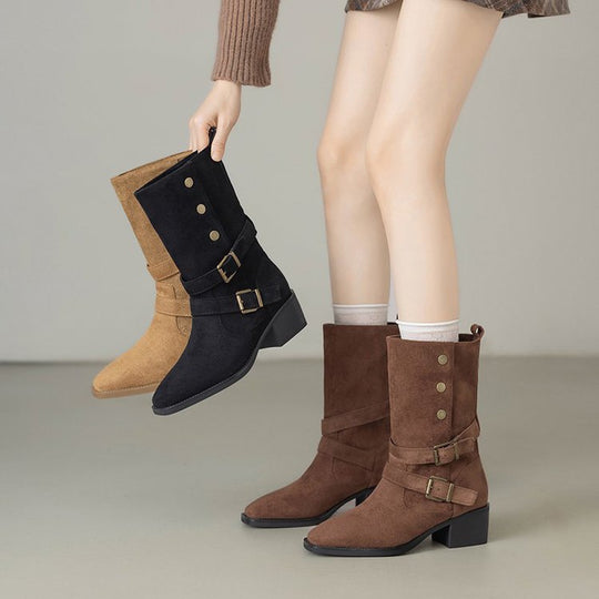 Damen Modische Stiefel mit auffälligem Schnallen-Design und bequemem Blockabsatz EB