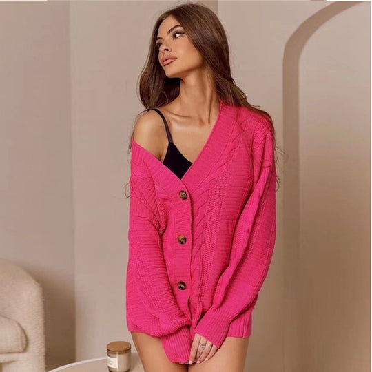 Damen Grobstrick Cardigan mit V-Ausschnitt und Knopfdetails EB