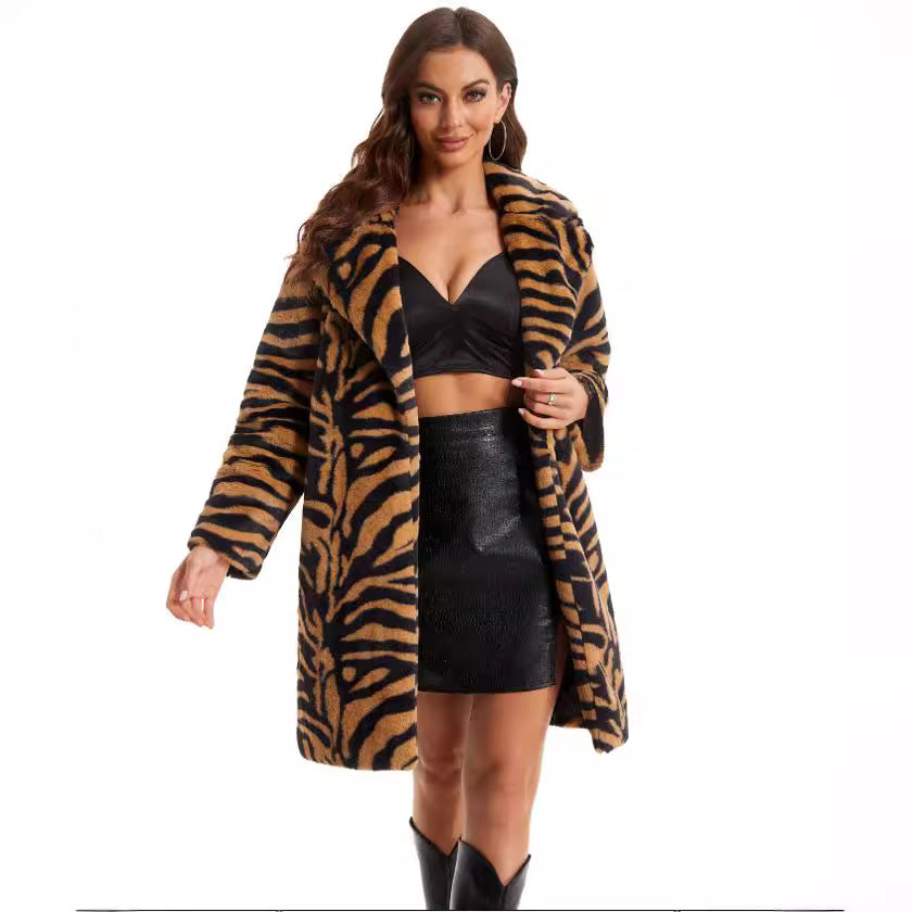 Damen Stylish und flauschiger Kunstfellmantel mit Zebra-Design EB