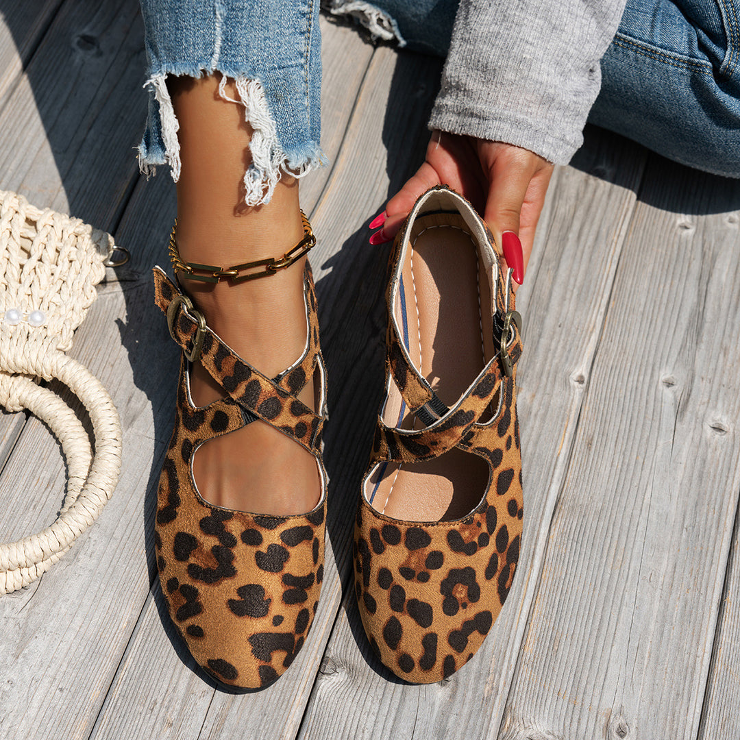 Damen Ballerinas mit Riemchen und Leopardenmuster EB