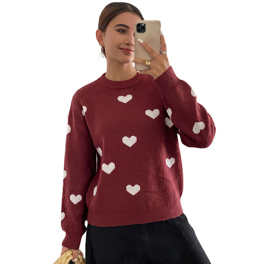Damen Grobstrick-Pullover mit Herzintarsien und klassischem Rundhalsausschnitt EB