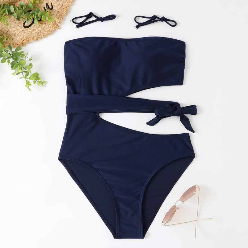Damen Bandeau Bikini mit asymmetrischem Schnitt und modischem Animal-Print EB