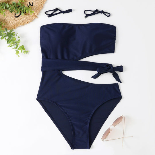 Damen Bandeau Bikini mit asymmetrischem Schnitt und modischem Animal-Print EB