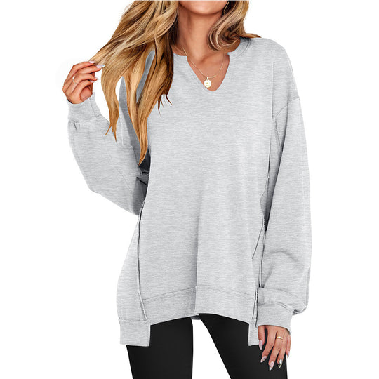 Damen Lässiger pullover mit V-Ausschnitt und überschnittenen Ärmeln EB