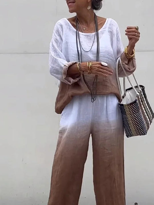 Damen lässiges Leinen-Outfit mit weiten Hosen und lockerer Bluse EB