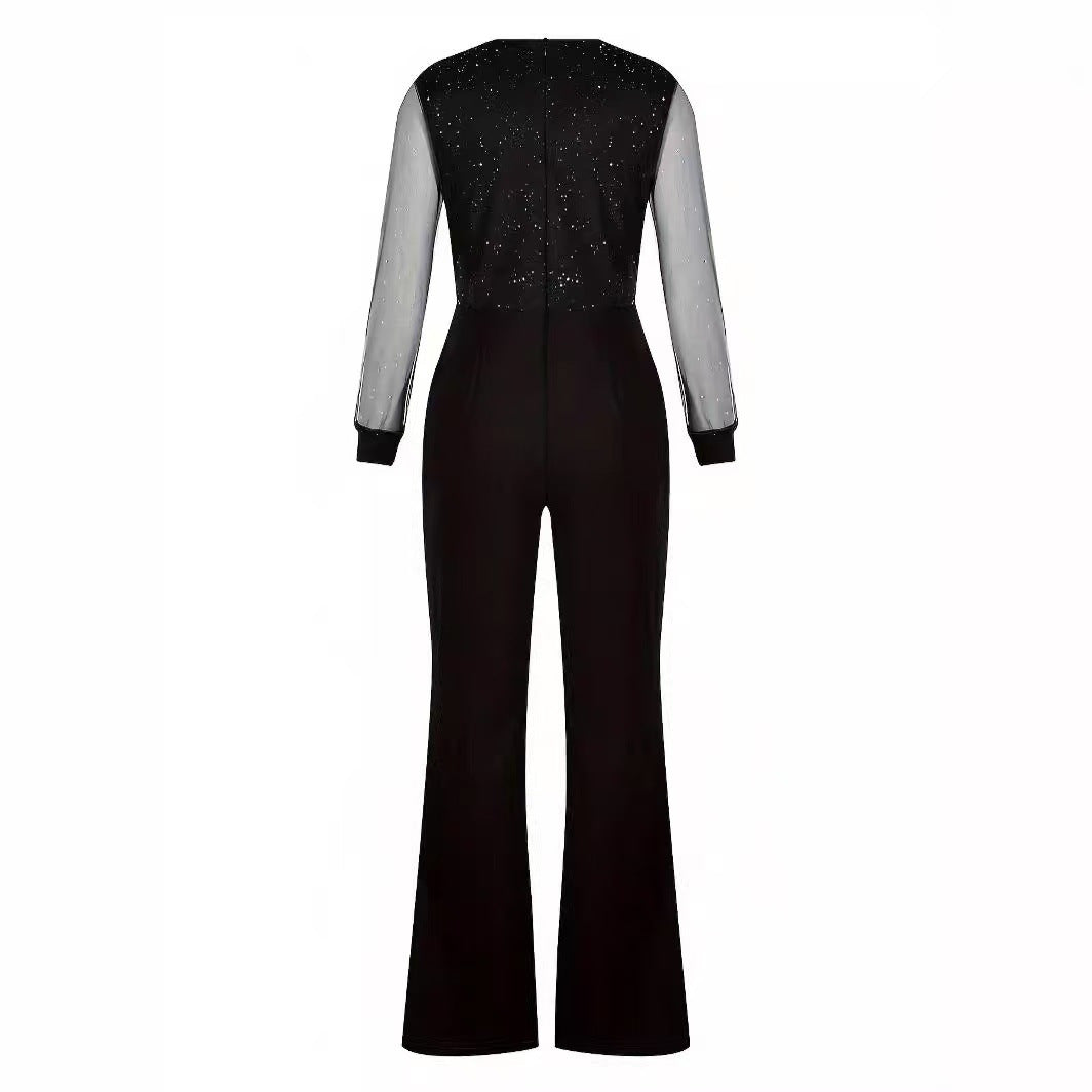 Damen Eleganter Jumpsuit mit transparenten Ärmeln und funkelnden Details EB
