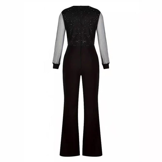 Damen Eleganter Jumpsuit mit transparenten Ärmeln und funkelnden Details EB