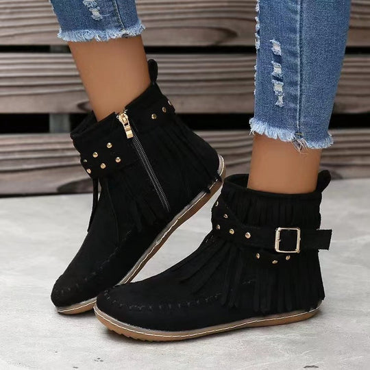 EB | Wildlederstiefel Fransen Detail Mokassin Stil Nietenriemen Flache Sohle
