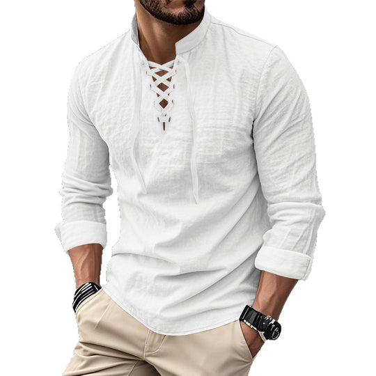 Herren nan Leinenoptik Langarmshirt mit Schnürung V-Ausschnitt und Stehkragen EB