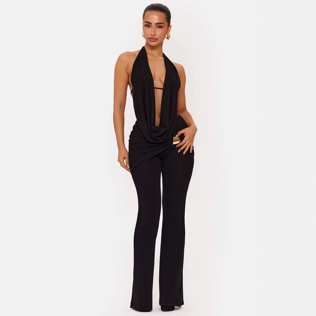 Damen Eleganter Jumpsuit mit doppeltem Kragen und trendiger Raffung EB