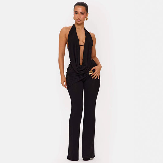 Damen Eleganter Jumpsuit mit doppeltem Kragen und trendiger Raffung EB
