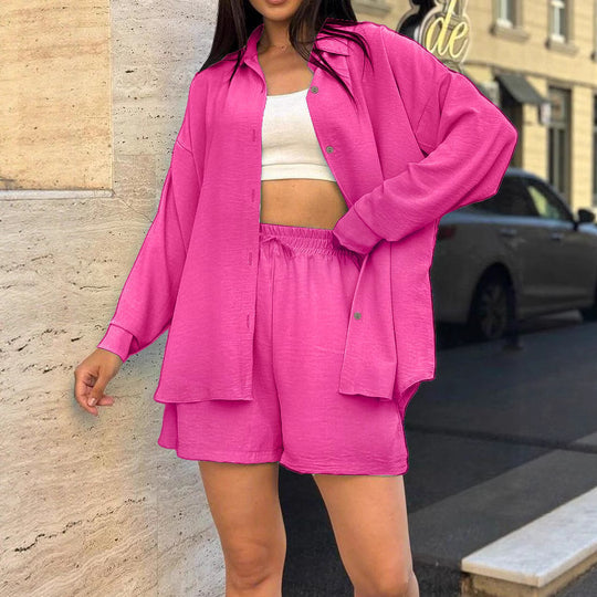Damen lässiges Kurzarm-Set mit geknöpfter Bluse und bequemen Shorts EB