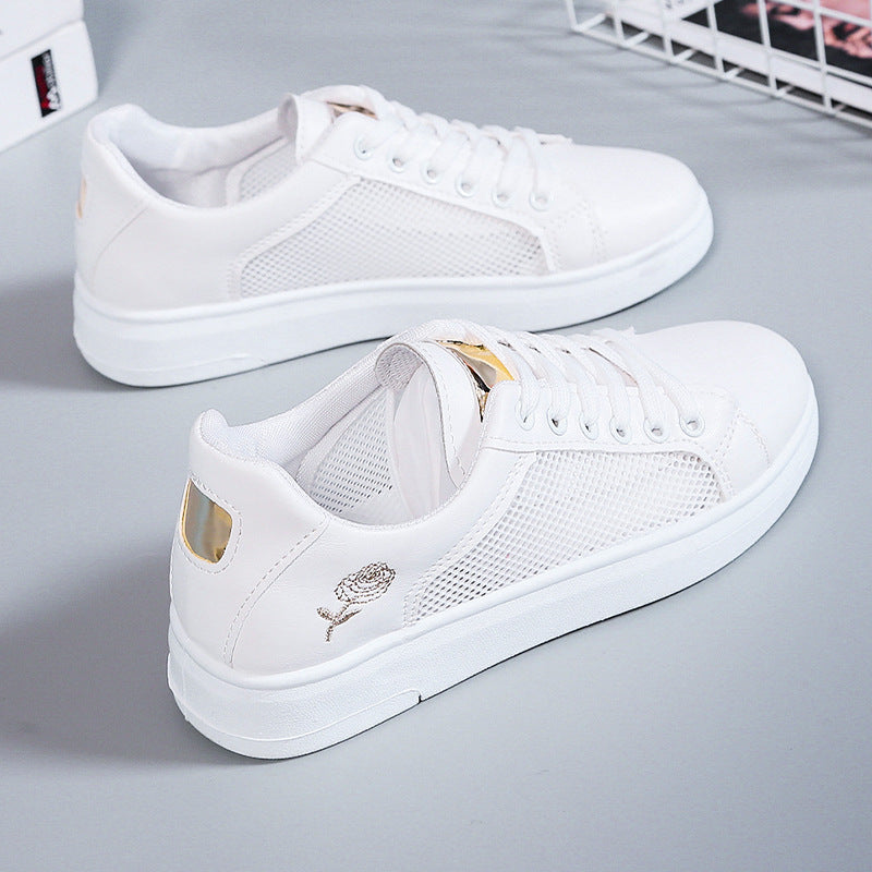 Damen nan urbaner Freizeit-Sneaker mit dezenter Rosenstickerei, erhöhtem Keilsohlenprofil und gepolstertem Komfortfußbett EB