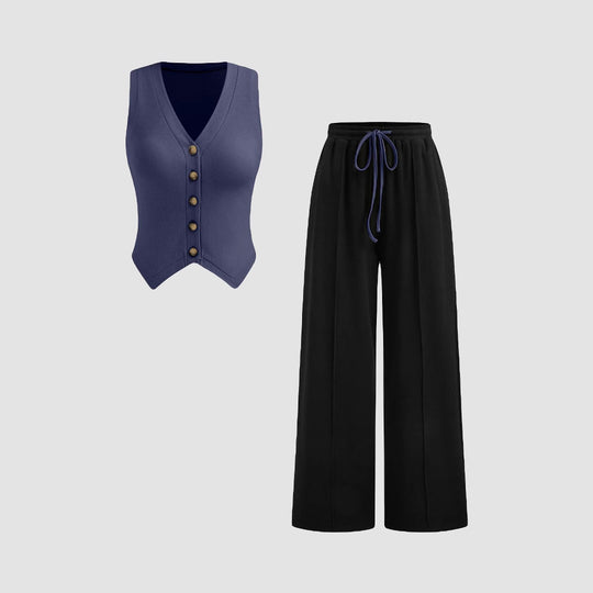 Damen lässiges Knopf-Top mit weitem Hose EB