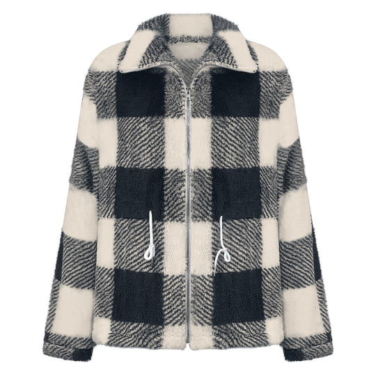 Damen Fleecejacke mit modischem Karomuster und praktischen Taschen EB
