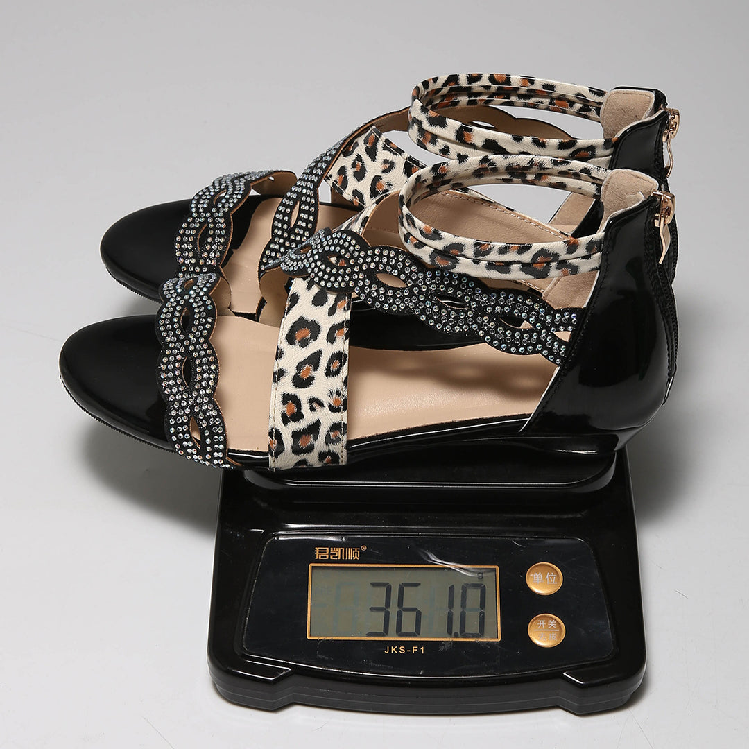 Damen Wedge-Sandalen mit funkelnden Akzenten und leopardem Design EB